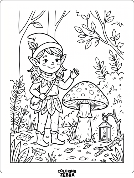 A forest elf beside a mushroom and a lantern
