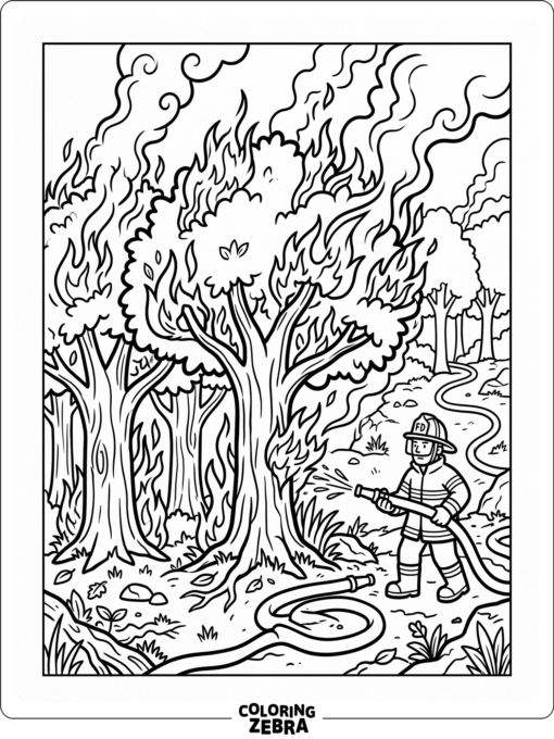 A forest fire scene with flames, smoke, and a hose