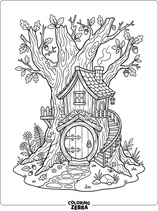A tiny forest house built into a tree trunk