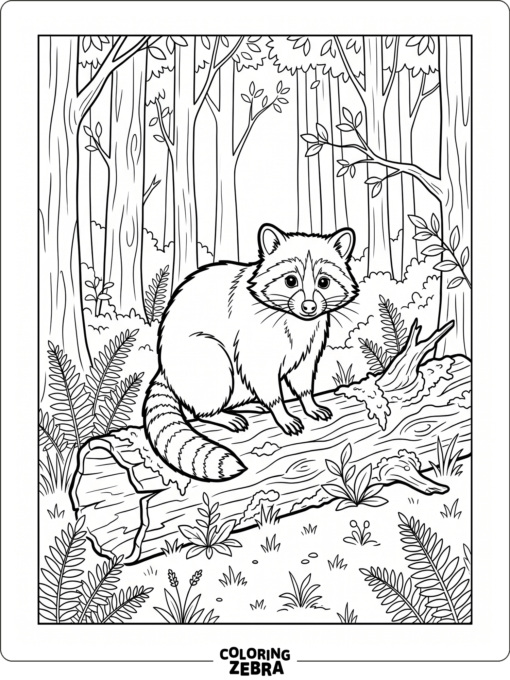 A raccoon sitting on a log in the woods