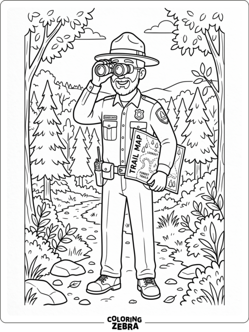 A forest ranger with binoculars and a trail map