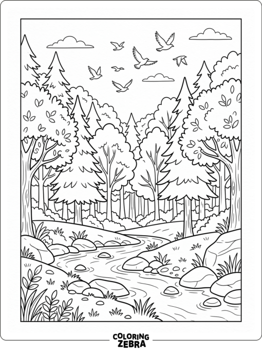 A forest scene with a stream, rocks, and birds