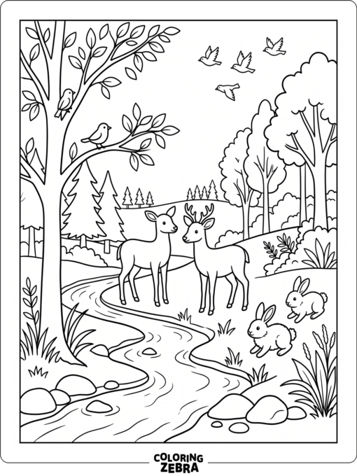 A forest wildlife scene with deer, rabbits, birds, and a stream