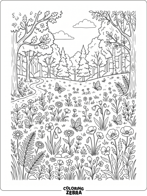 A forest clearing with wildflowers and butterflies
