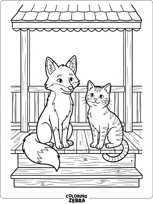 A fox and cat sit together on a porch step