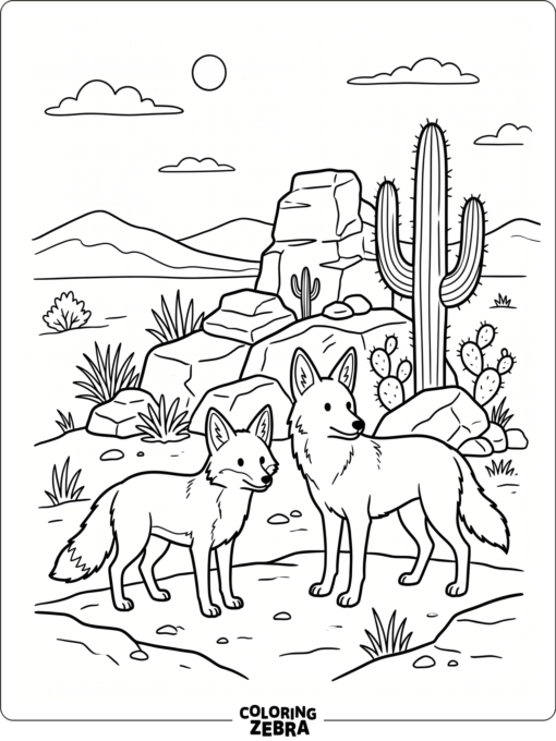 A fox and coyote stand near desert rocks