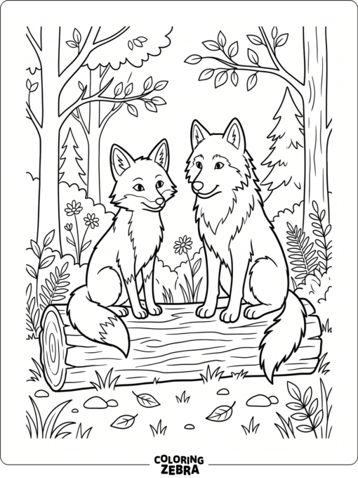 A fox and wolf sit together on a log