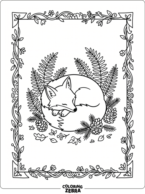 A fox curled beside ferns and pinecones