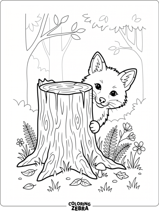 A fox cub peeking from behind a stump