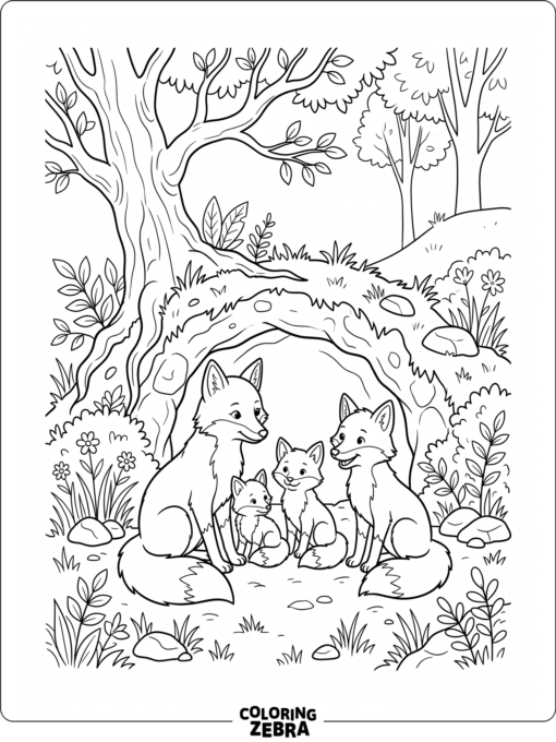 A fox family gathered near a den