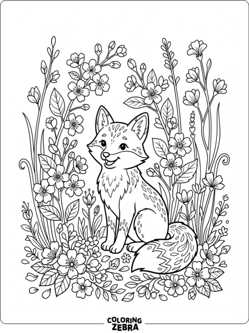 A fox sits among flowers and stems
