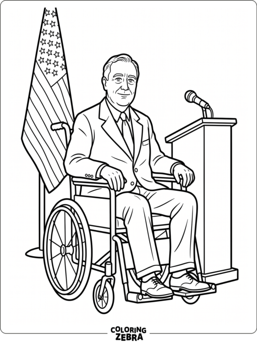 Franklin D Roosevelt seated beside a flag