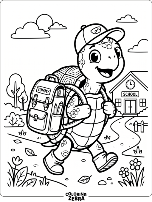 A friendly cartoon turtle wearing a cap and backpack