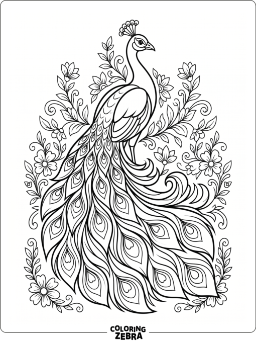 A peacock with a flowing tail and floral accents