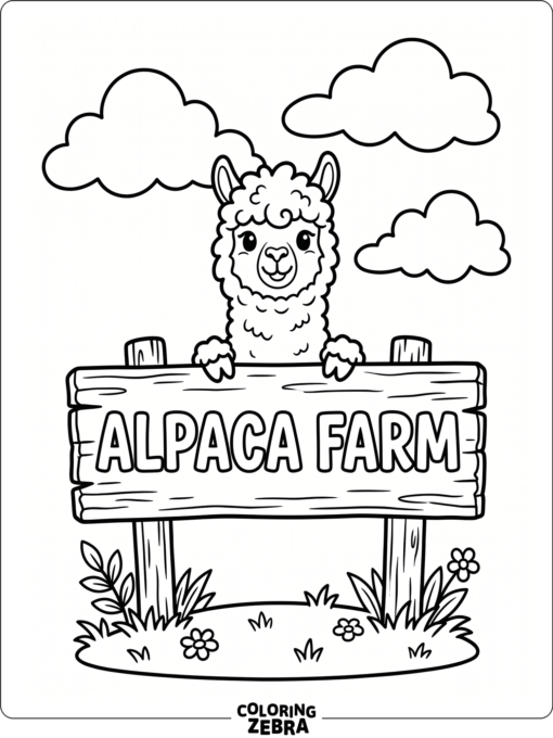 An alpaca peeking over a wooden sign