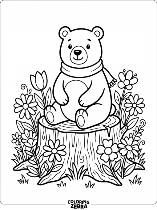 A bear sits on a stump with flowers nearby