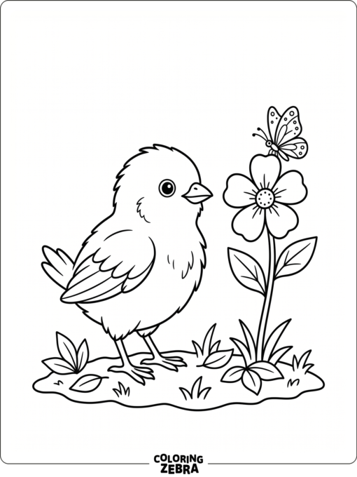 A young bird stands beside a flower