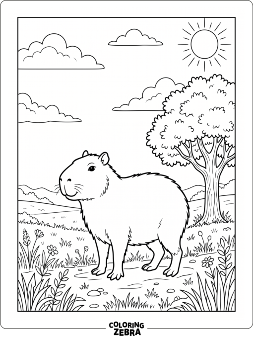 A capybara standing in a sunny meadow