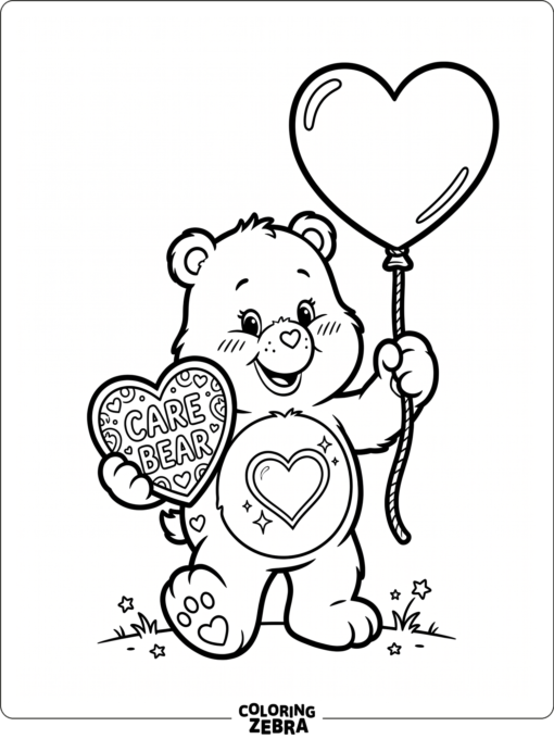 A friendly Care Bear holds a balloon and a heart