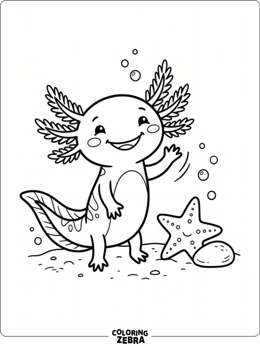 A friendly axolotl waving beside a starfish