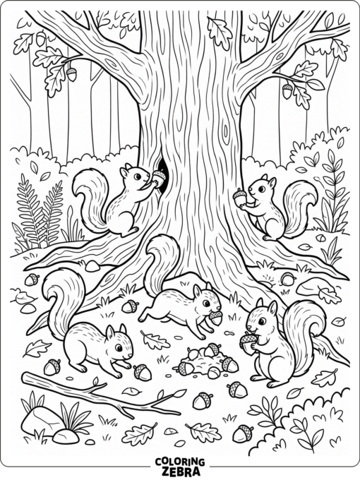 Several squirrels gathering nuts near a tree