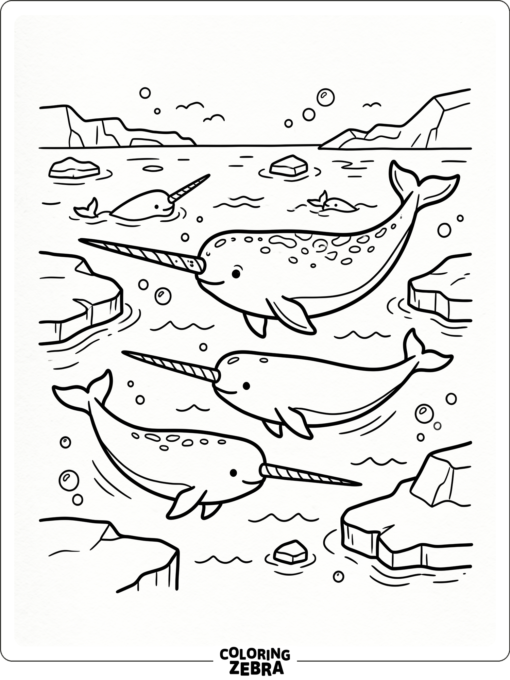 Several narwhals swimming in a cold sea