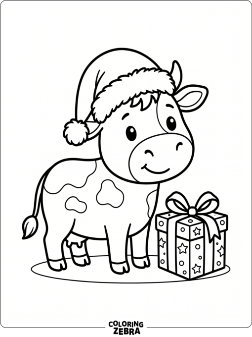 A cow in a Santa hat stands beside a wrapped gift in a winter scene.