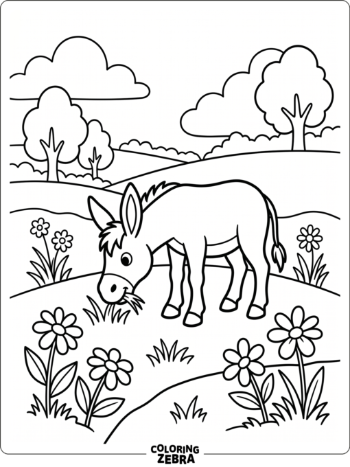 A donkey grazing in an open meadow