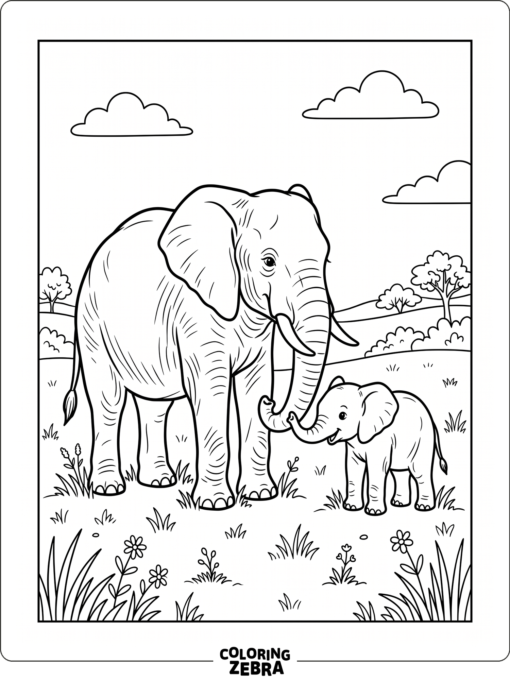 An adult elephant with a calf in grass