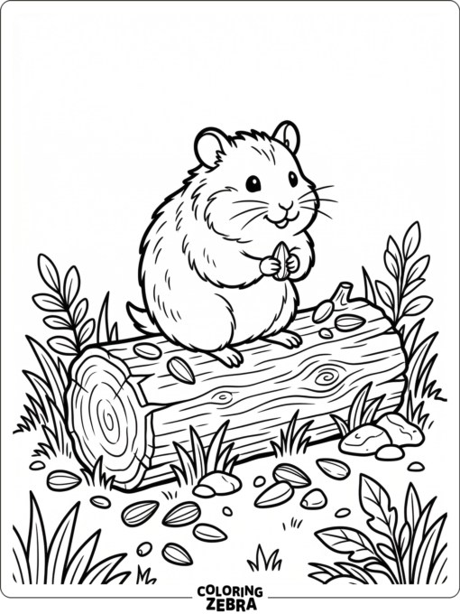 A hamster sitting on a log with seeds nearby