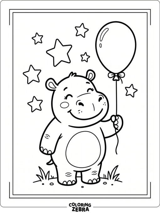 A smiling hippo with a balloon and stars