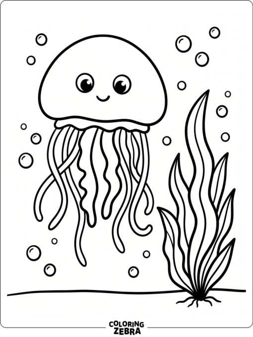 A lone jellyfish near sea grass and bubbles