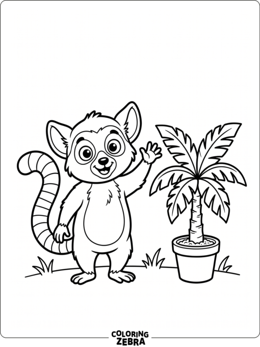 A cute lemur waving beside a small palm plant