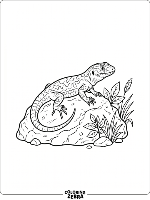A lone lizard rests on a rock with simple leaves around it
