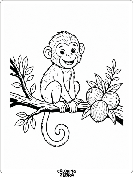 A smiling monkey perched on a branch with coconuts