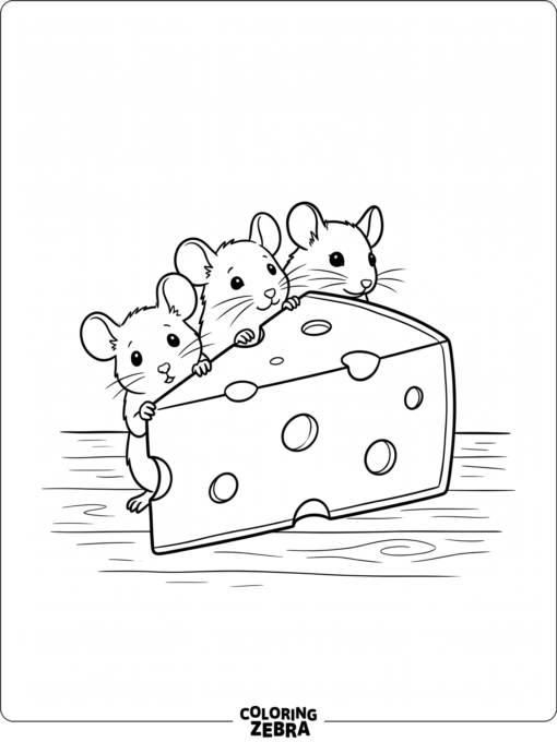 Three mice peeking from behind a cheese wedge