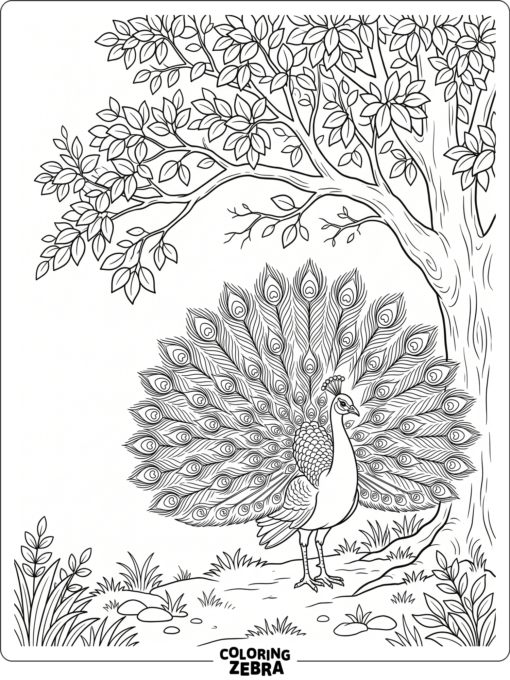 A peacock standing under a tree with wide tail feathers