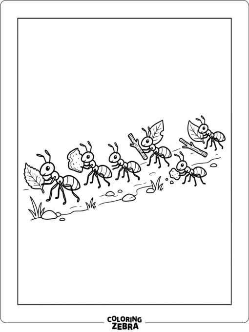 Several ants carrying crumbs, leaves, and sticks
