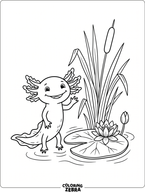 A friendly axolotl waving beside a lily pad