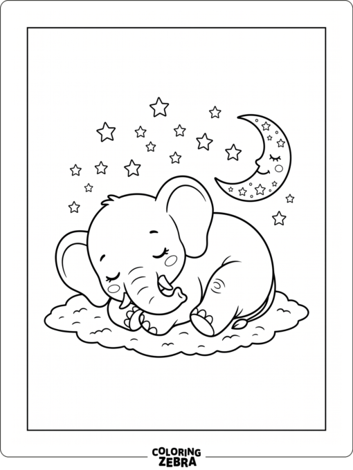 A sleeping baby elephant under a moon and stars