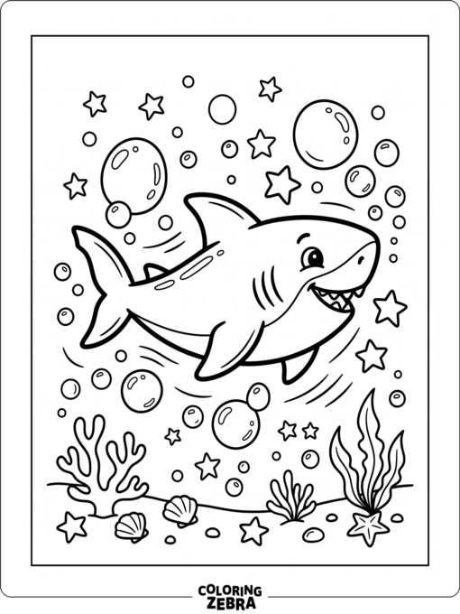 A cheerful baby shark swims with stars and bubbles around it