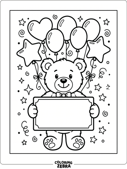 A cute bear holds a sign with balloons and stars