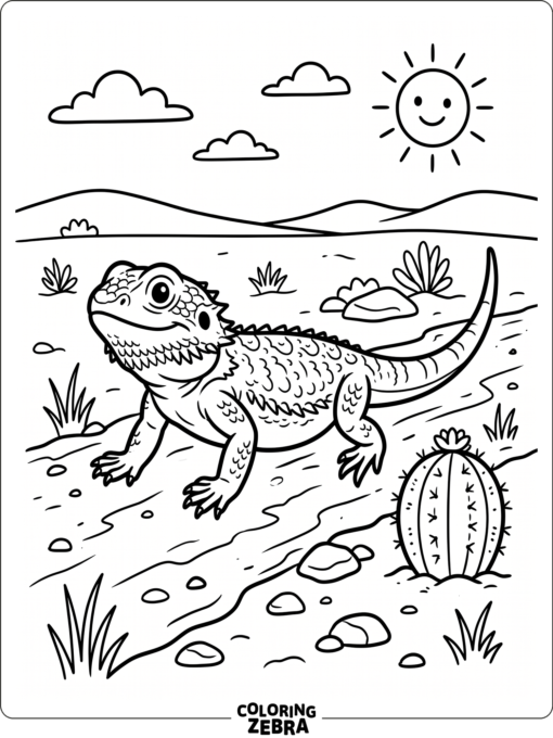 A bearded dragon walking past a small cactus