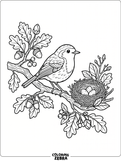 A bird rests on a branch near a nest
