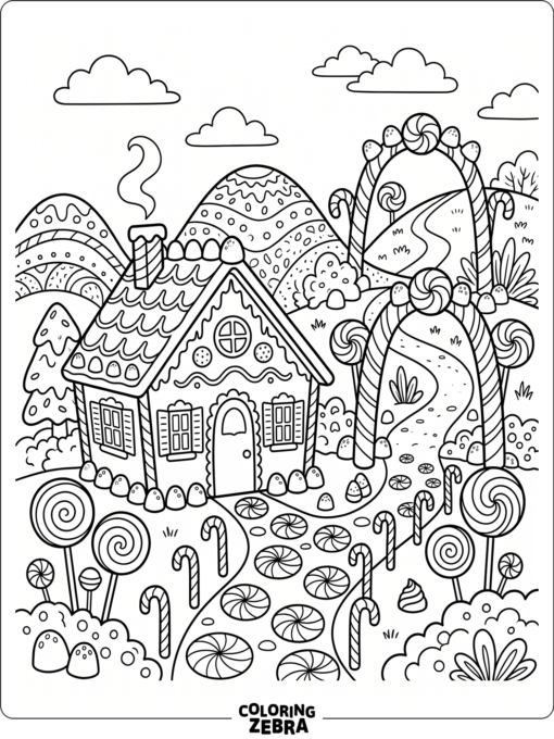 A free printable Candyland scene with a gingerbread house