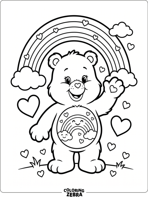 A friendly Care Bear stands with a rainbow and hearts