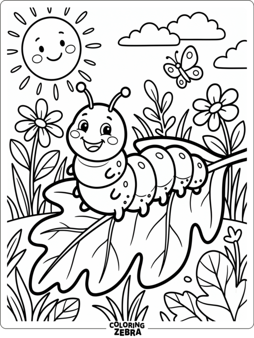 A happy caterpillar on a big leaf