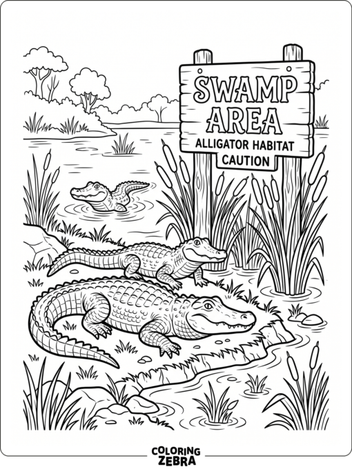 A group of alligators near a swamp sign