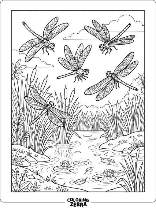 Several dragonflies flying above reeds and water