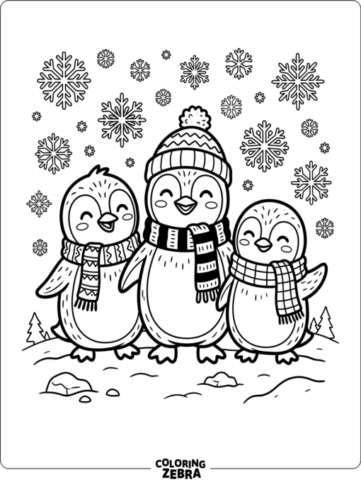 Three cute penguins wearing scarves